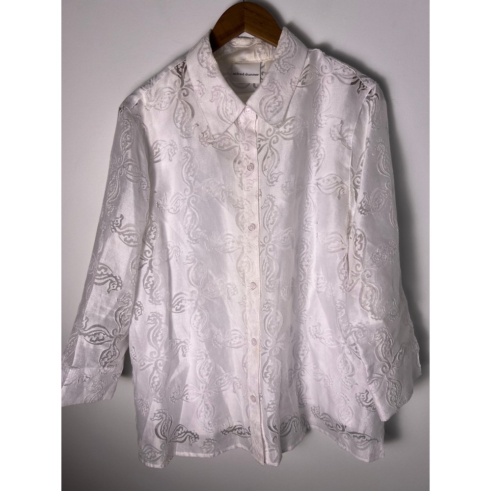 VTG Alfred Dunner Blouse Wm 18 White Paisley Jacquard‎ Button Down Long Sleeve